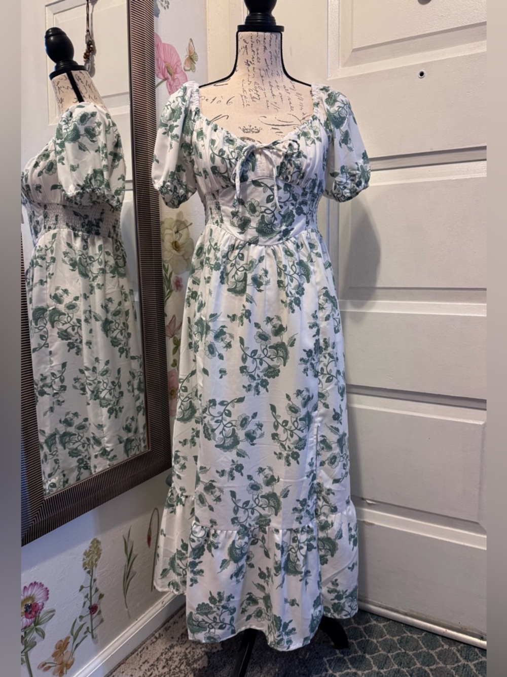 Blush White Dress with Green Botanical Print